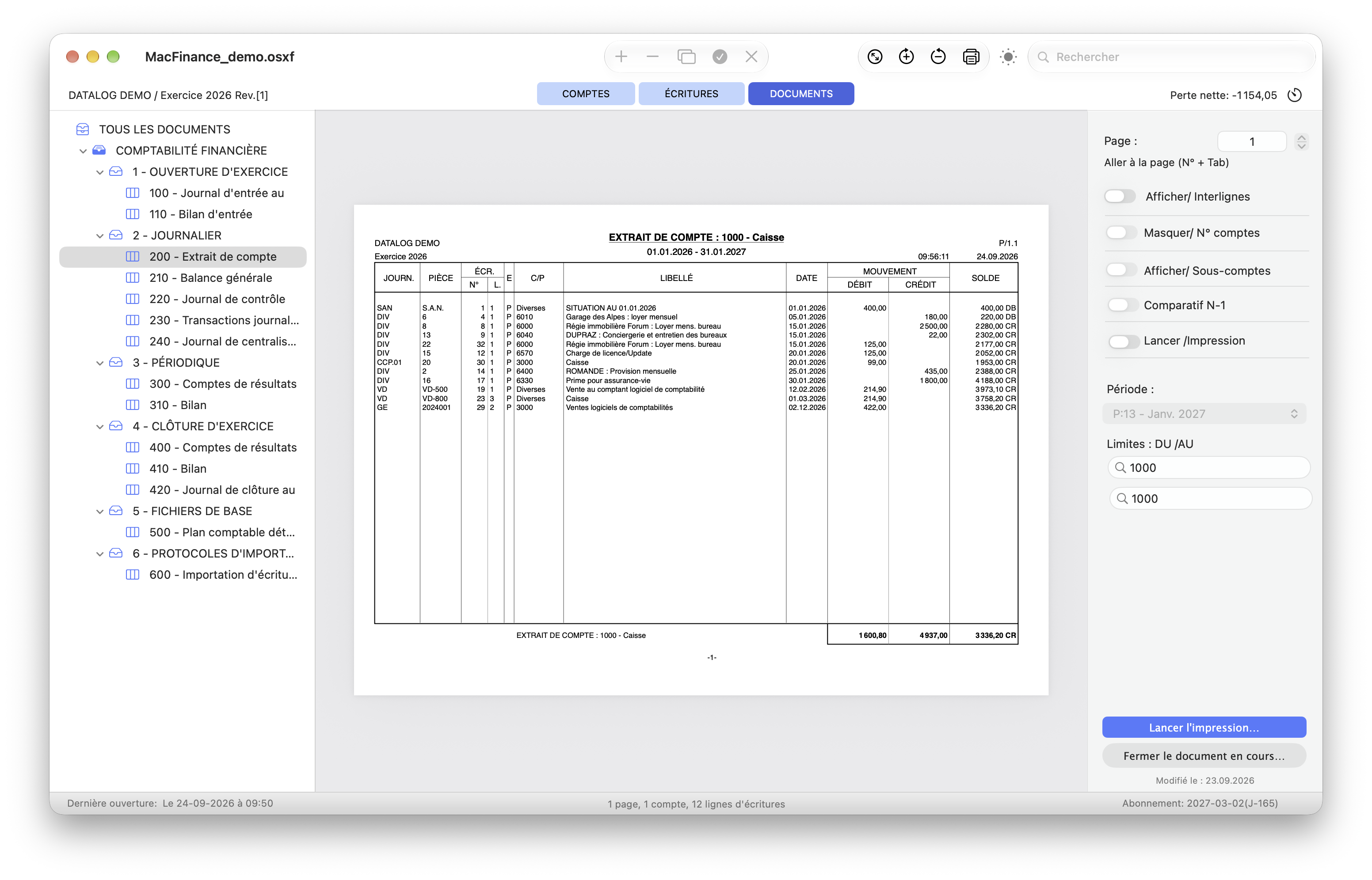 Extrait du compte Caisse dans MacFinance