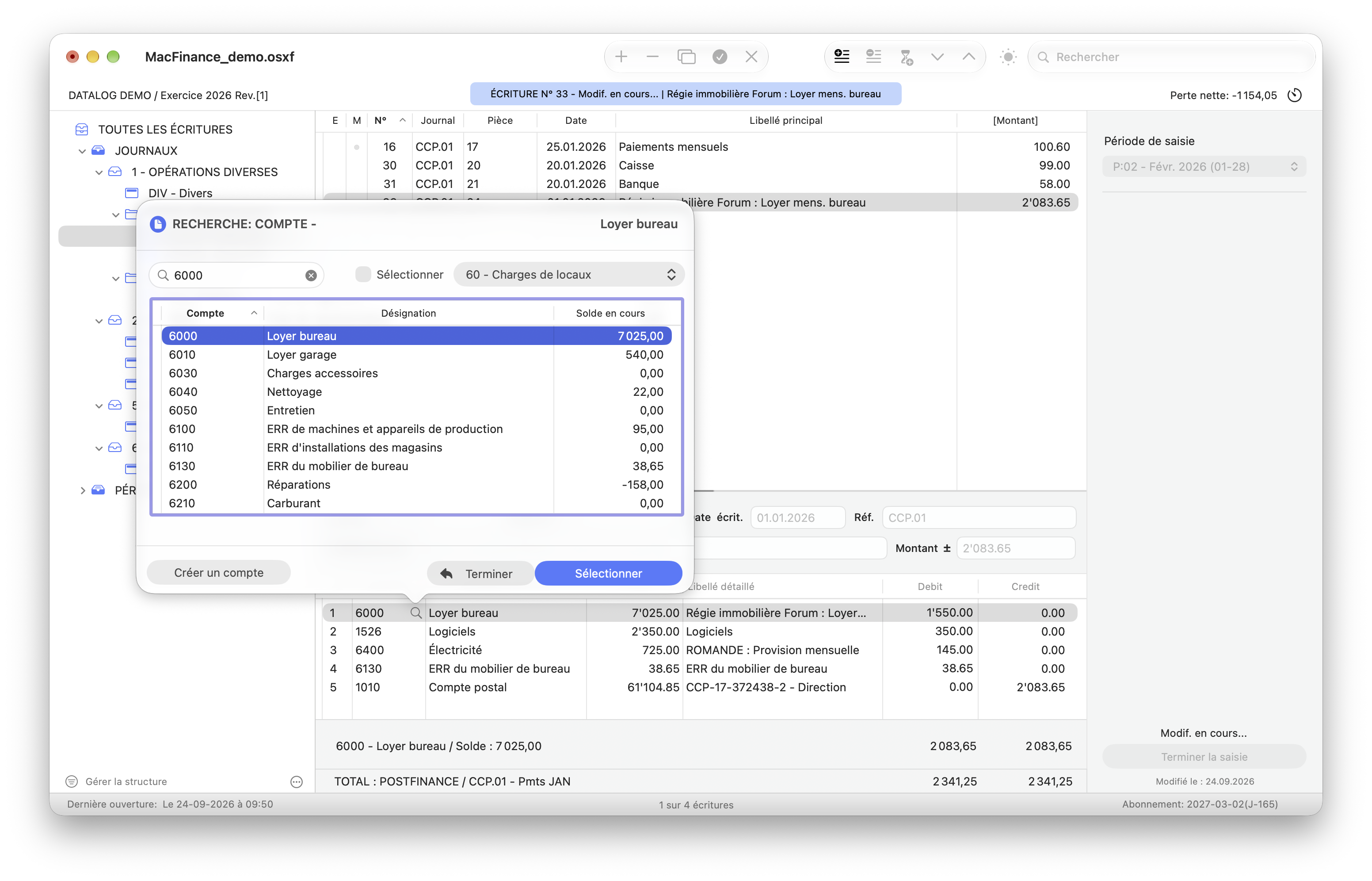 Recherche d'un compte pendant la saisie dans MacFinance