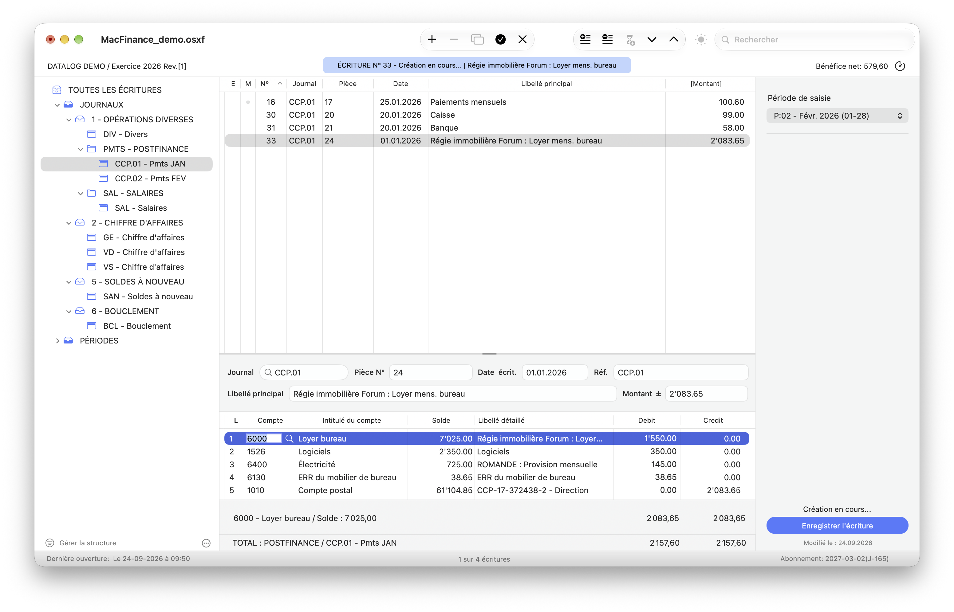 Saisie d'une écriture comptable dans MacFinance